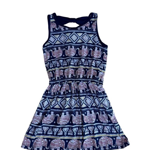 Poof Girl Blue Pink Elephant Sleeveless Cutout Bow Elastic Waist A-Line Dress L - Picture 1 of 4